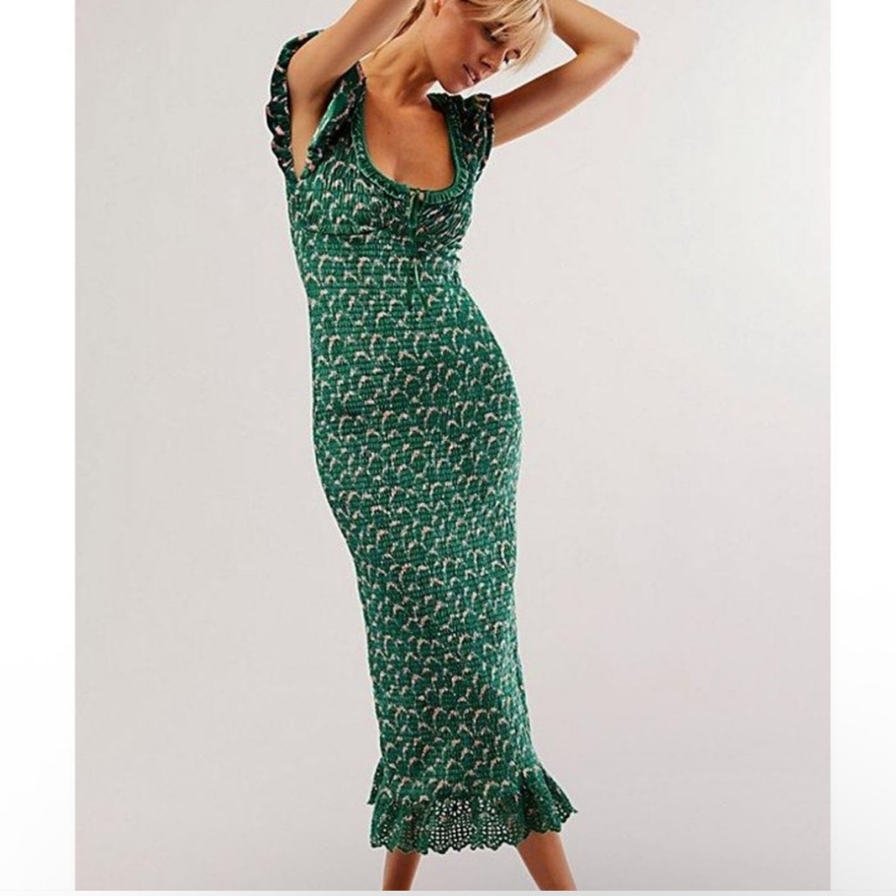 Free People Mckenna Velvet Midi Dress In Emerald Combo Pink Green Pleated